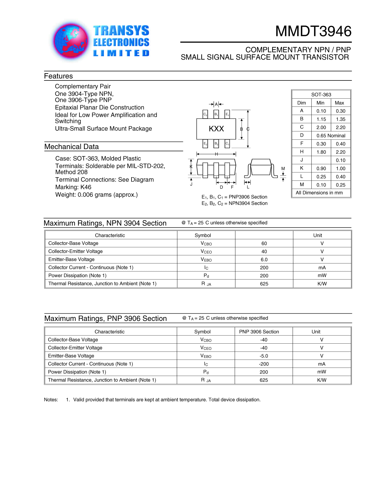 TEL MMDT3946 Datasheet