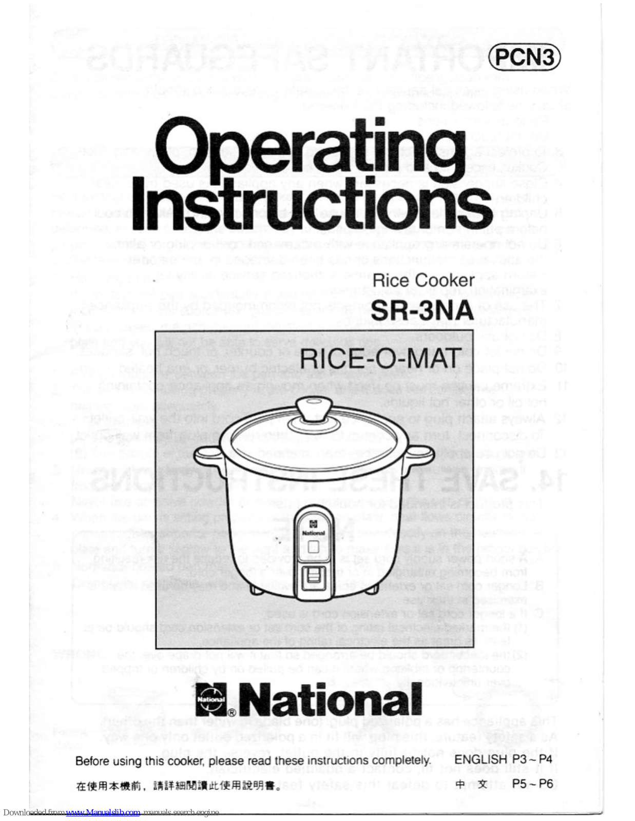 National Rice-O-Mat SR-3NA Operating Instructions Manual