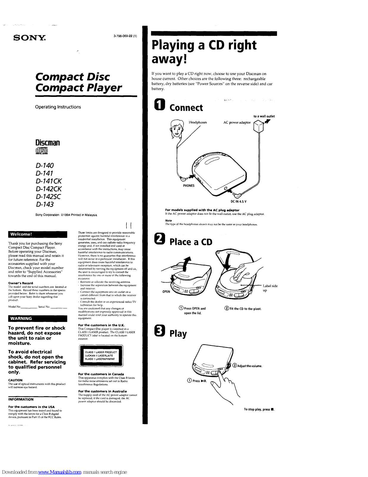 Sony D-140, D-141, D-141CK, D-142CK, D-142SC Operating Instructions Manual