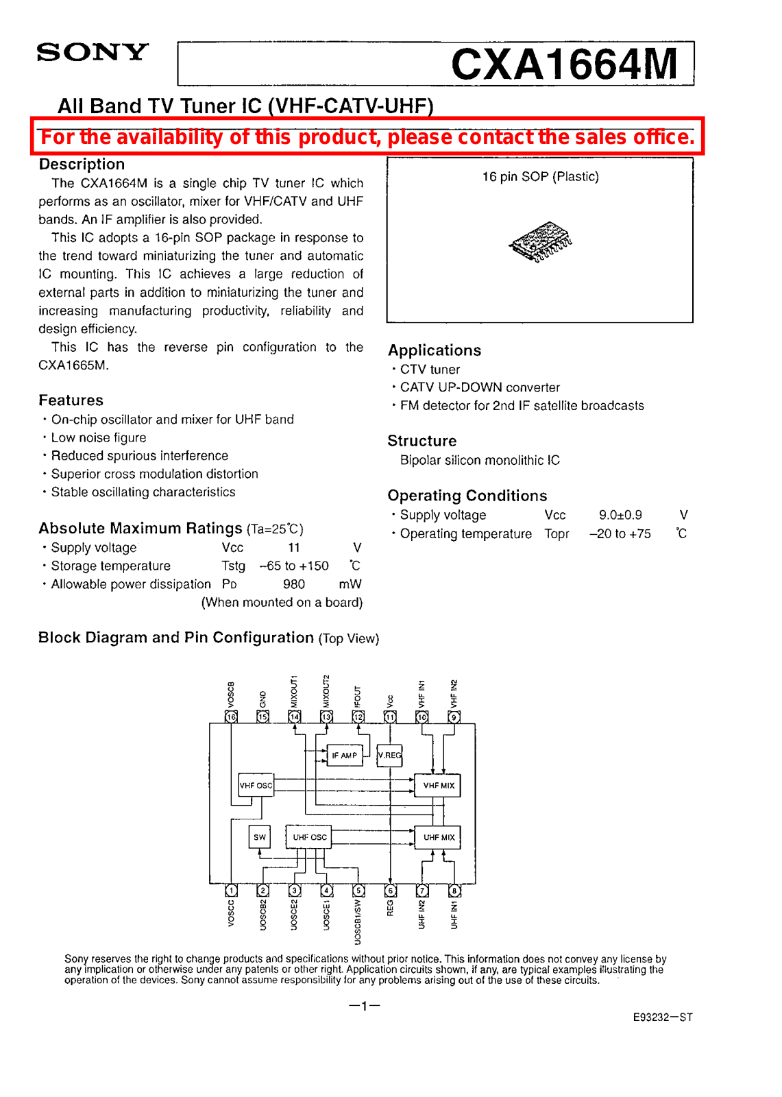 Sony CXA1664M Datasheet