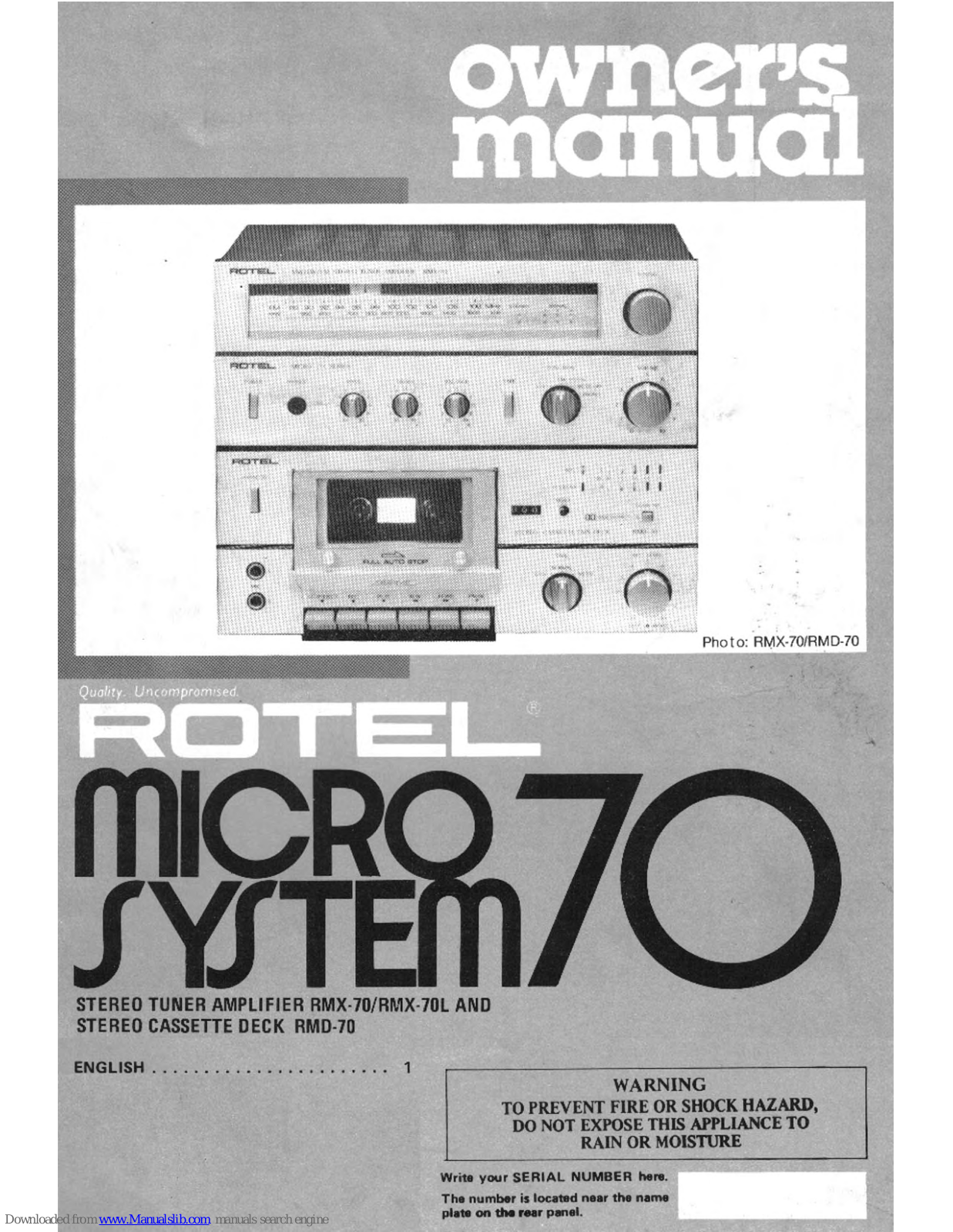 Rotel RMX-70L, RMD-70, Micro System 70 Owner's Manual