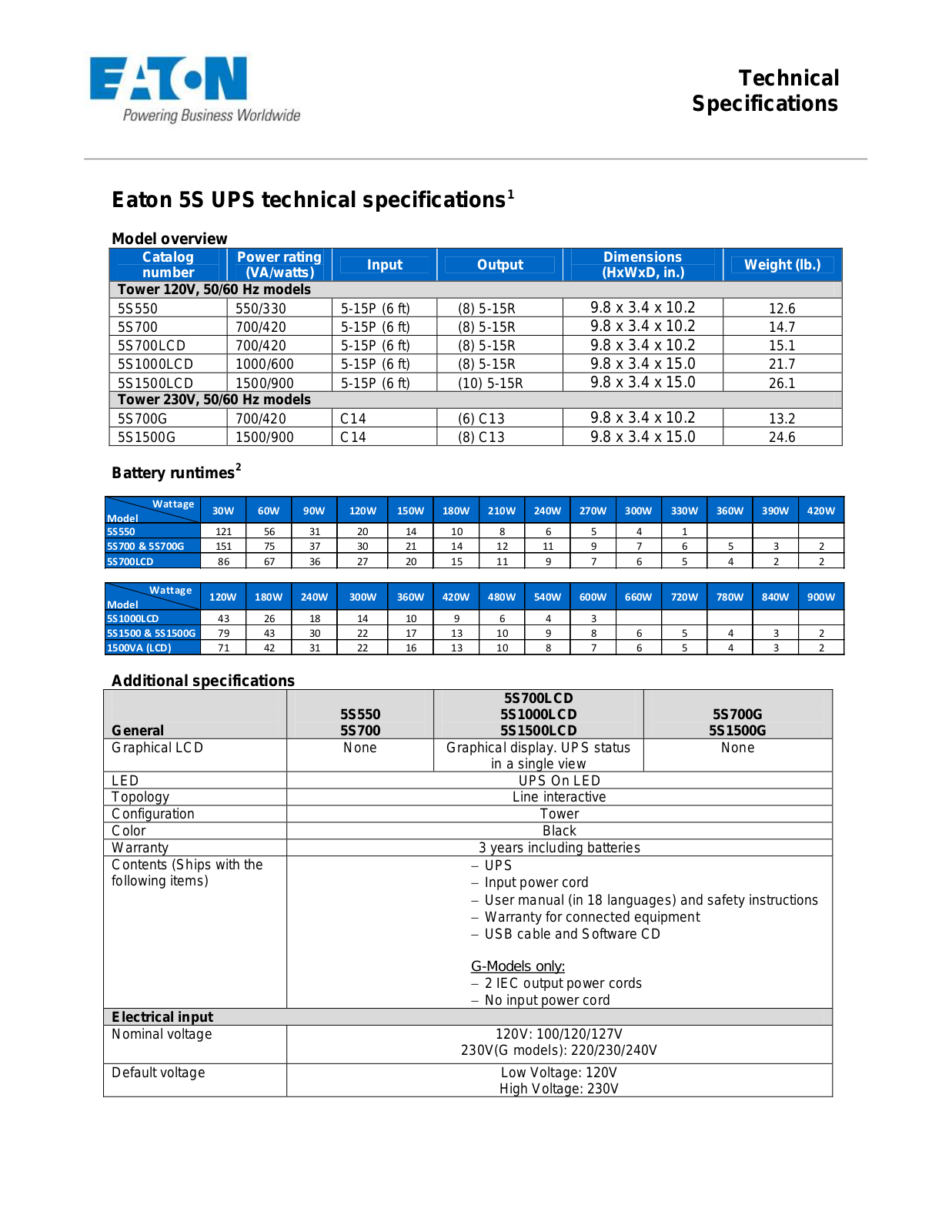 Eaton Powerware 5S UPS Technical Specifications