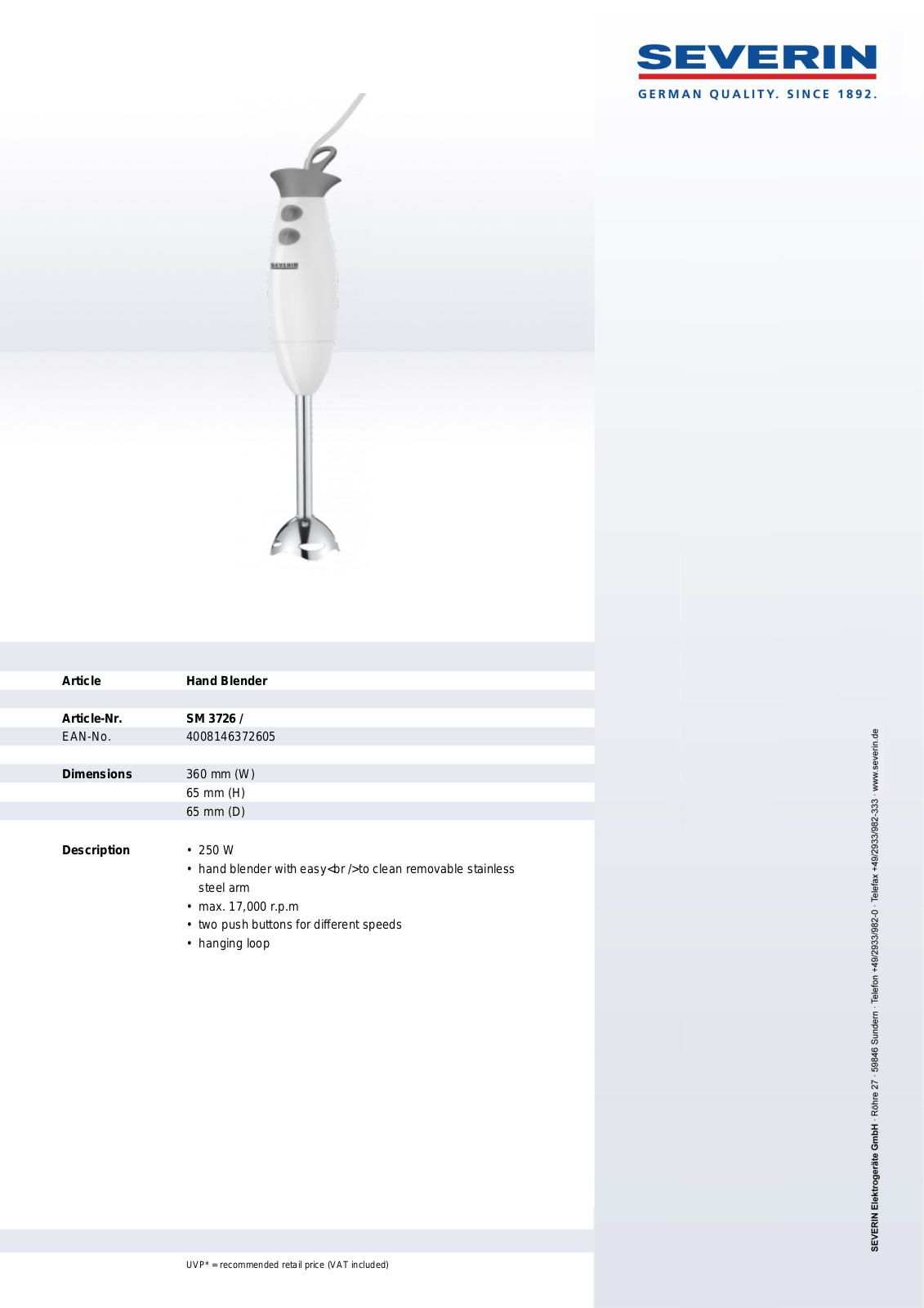 Severin HAND BLENDER, SM 3726 User Manual