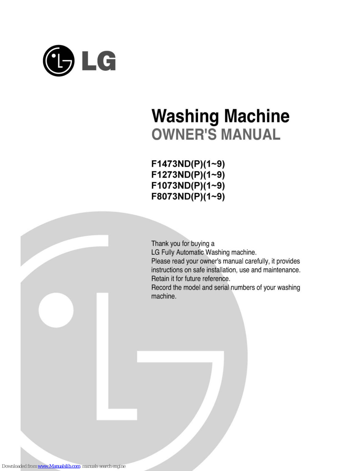 LG F8073ND, F1473ND1, F1273ND, F1073ND, F1473ND2 Owner's Manual