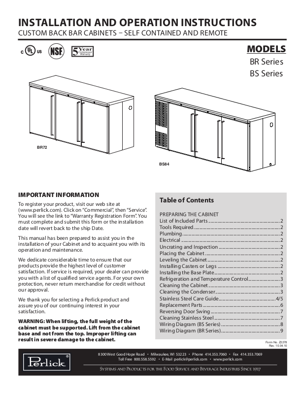 Perlick BS60 Service Manual