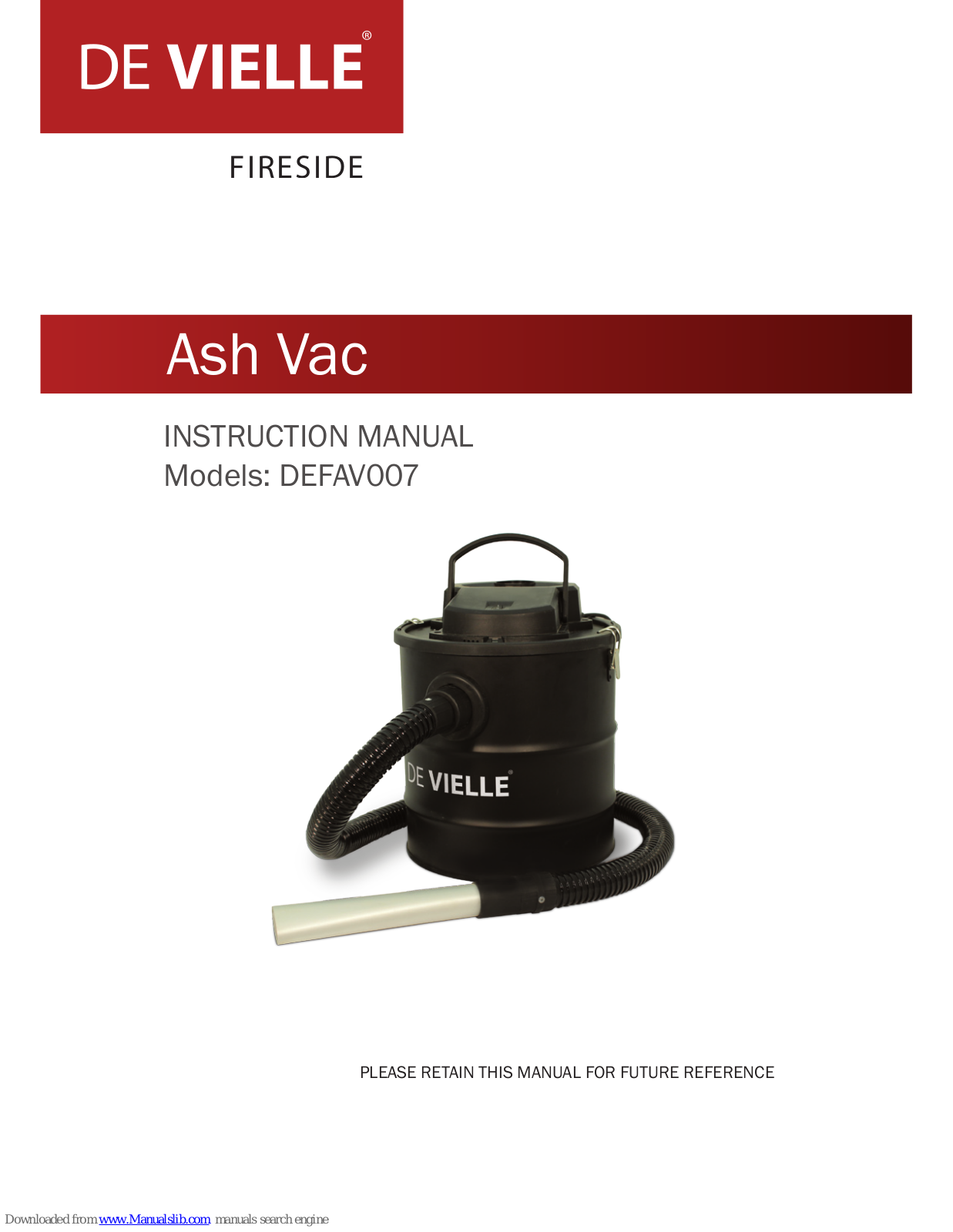 De Vielle Ash Vac DEFAV007 Instruction Manual