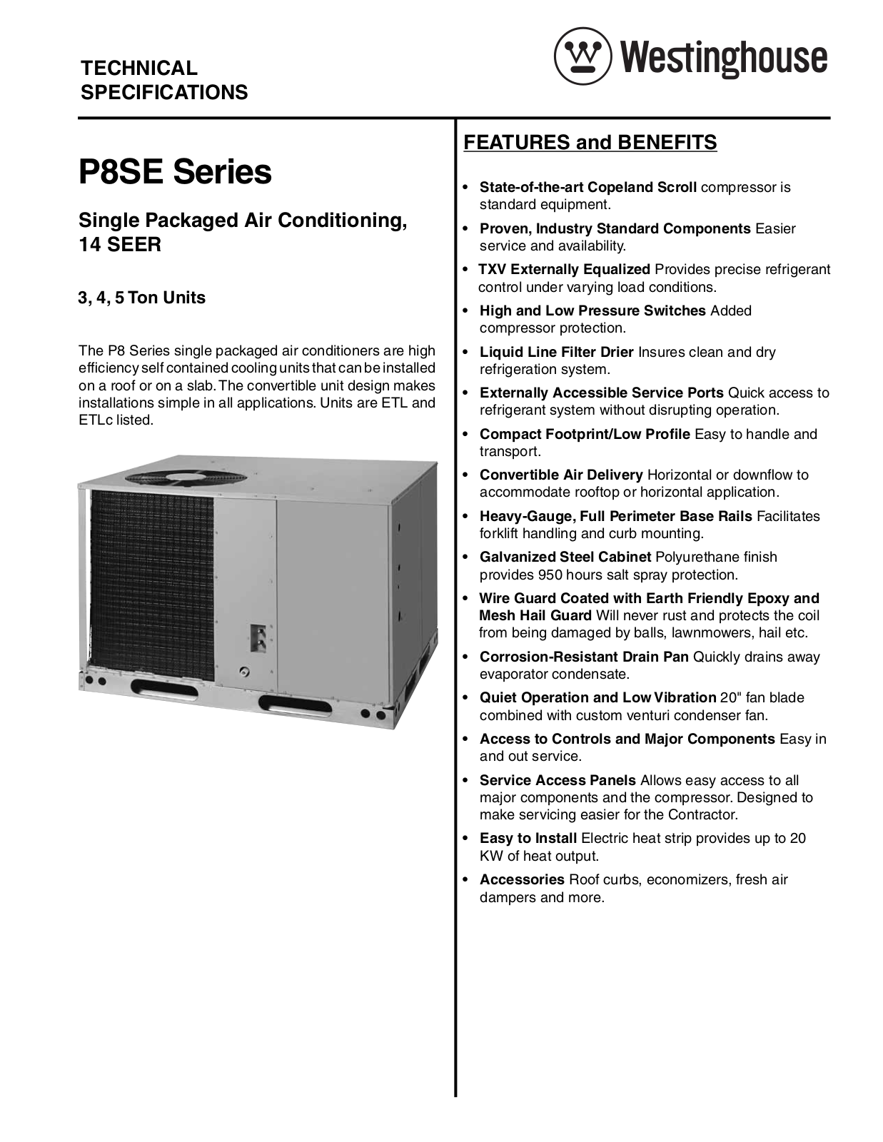 Westinghouse 14 SEER P8SE Package Technical Literature