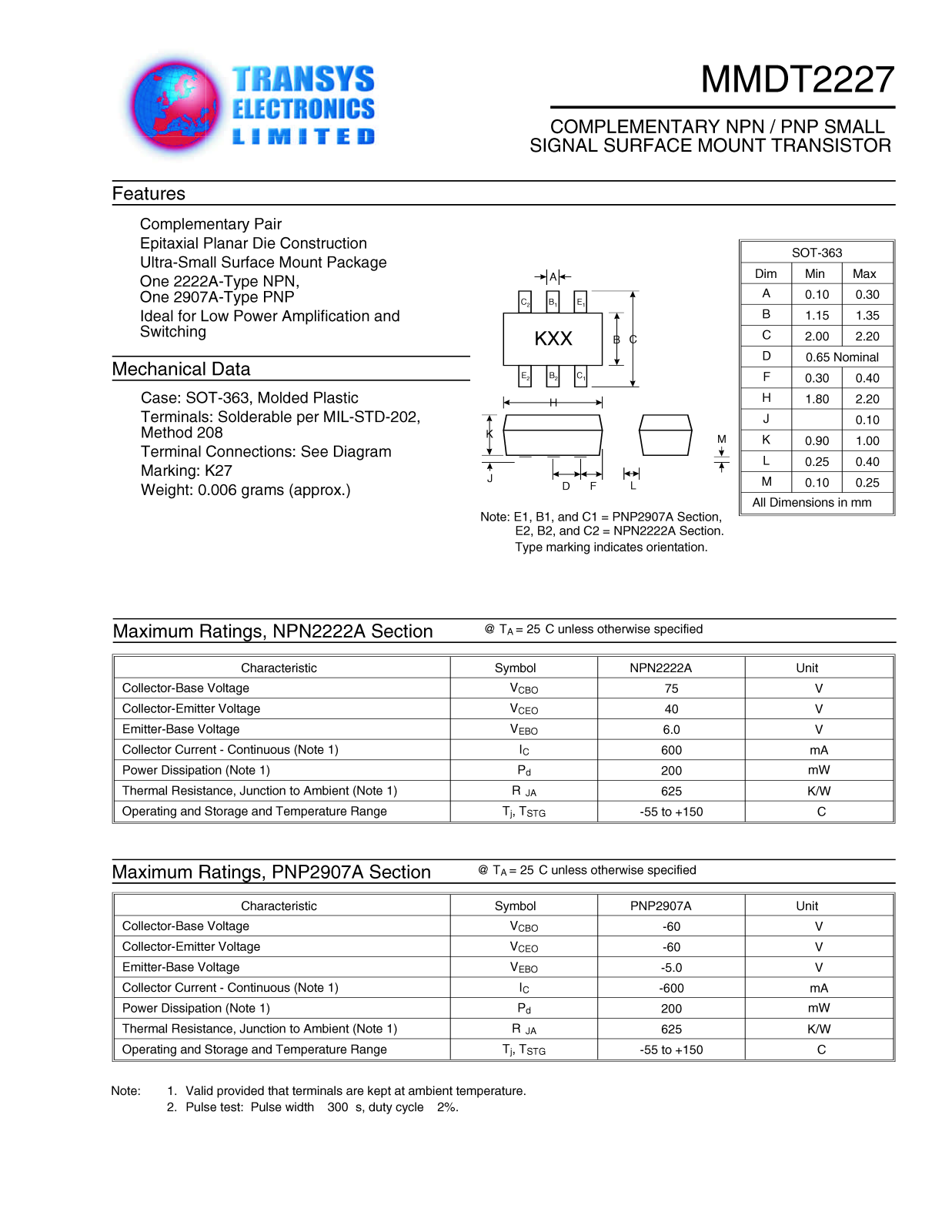 TEL NPN2222A, MMDT2907A, PNP2907A Datasheet