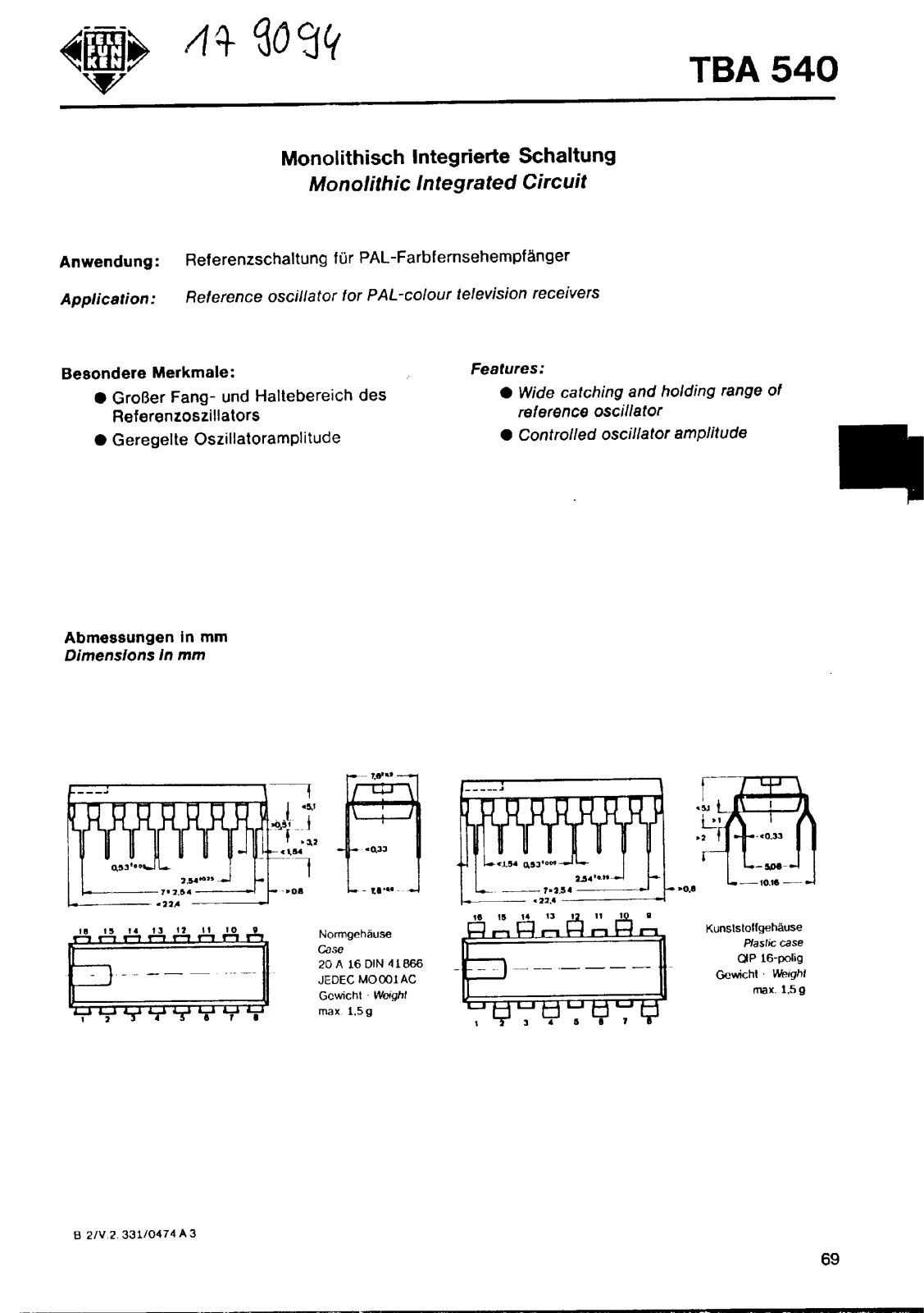 Telefunken TBA540 Datasheet