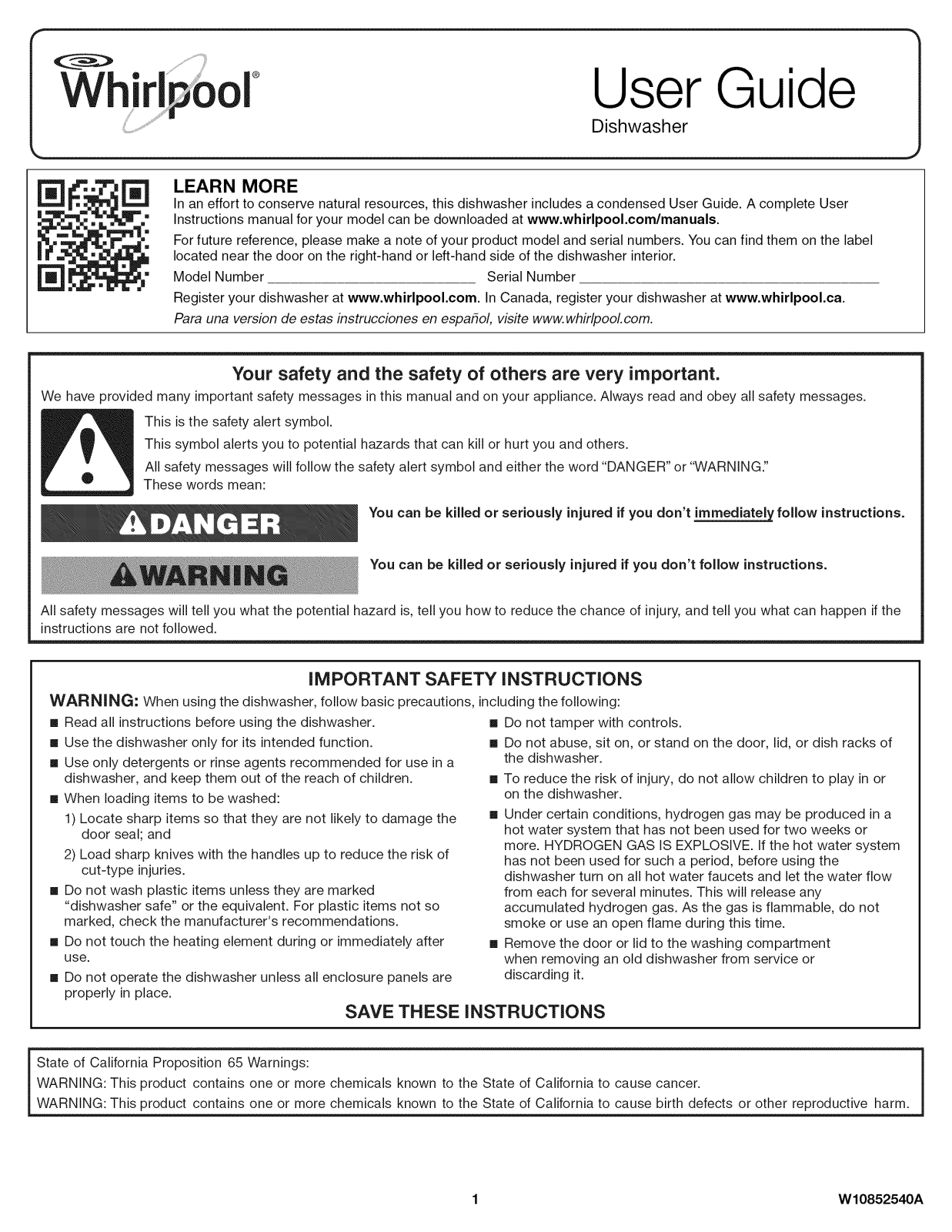 Whirlpool WDF590SAJM0, WDF560SAFW0, WDF590SAJW0, WDF590SAJB0, WDF560SAFM2 Owner’s Manual