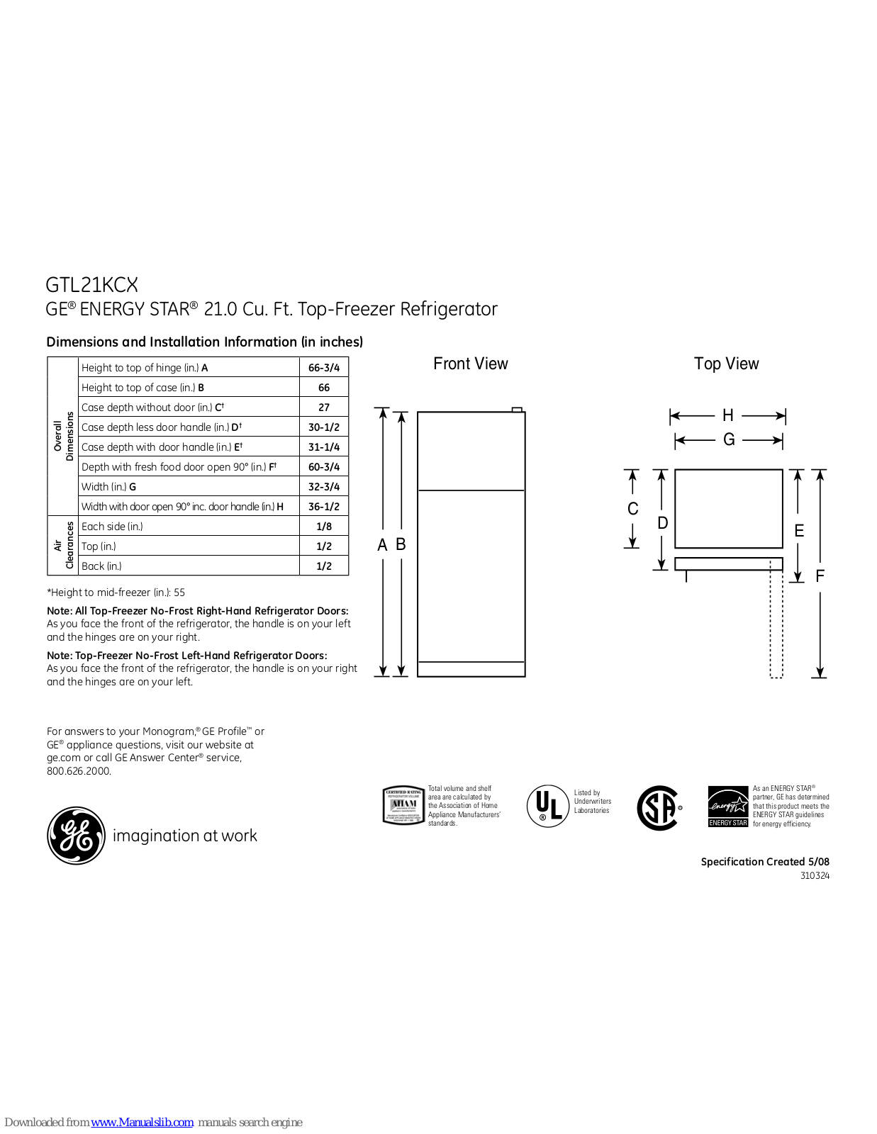 GE GTL21KCXBS - R 21.0 Cu. Ft. Top-Freezer Refrigerator, ENERGY STAR GTL21KCX Dimensions And Installation Information