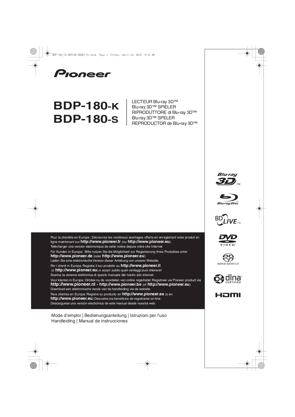 Pioneer BDP-180-K, BDP-180-S Operating Instruction