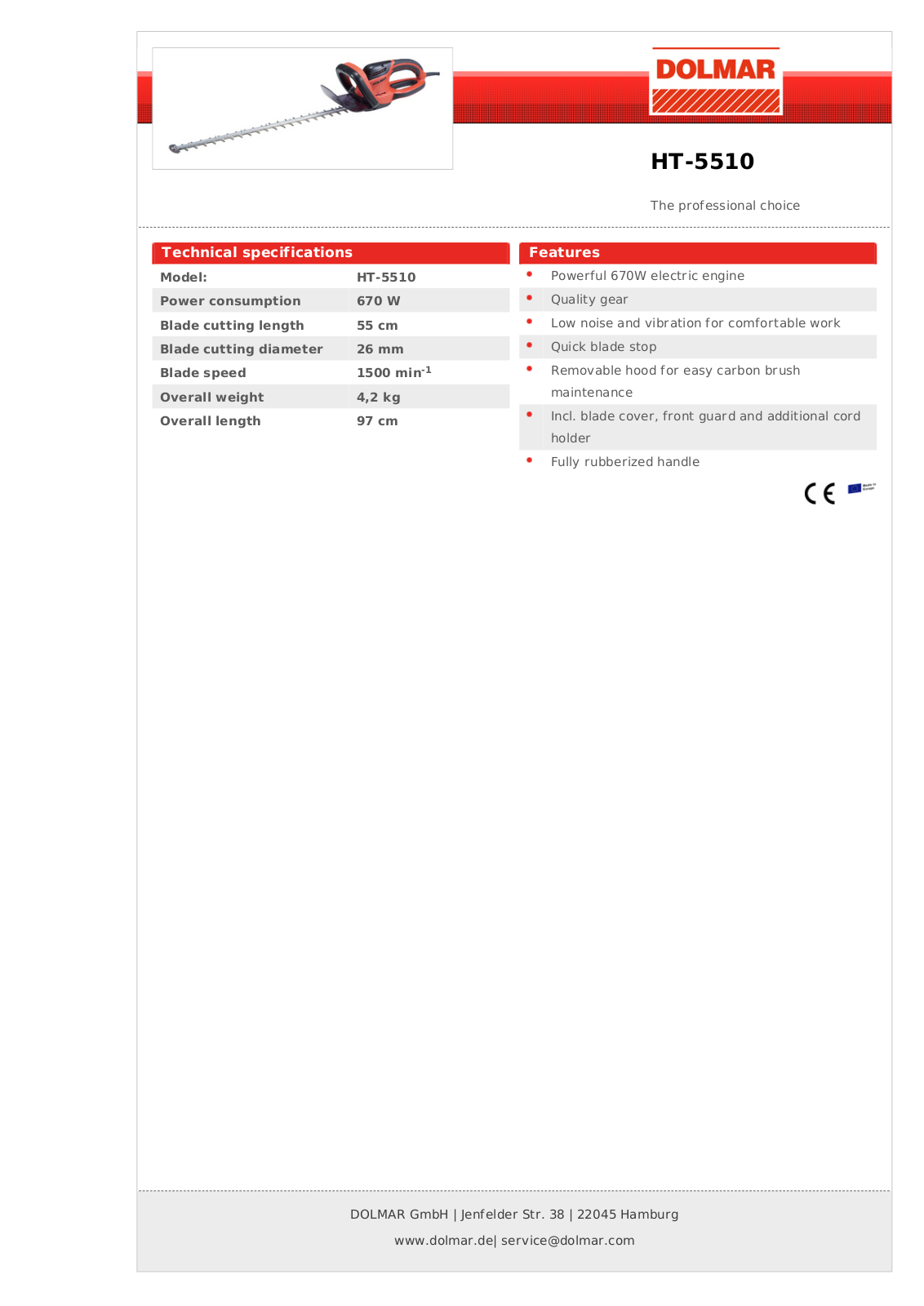 Dolmar HT-6510, HT-5510 Technical specifications