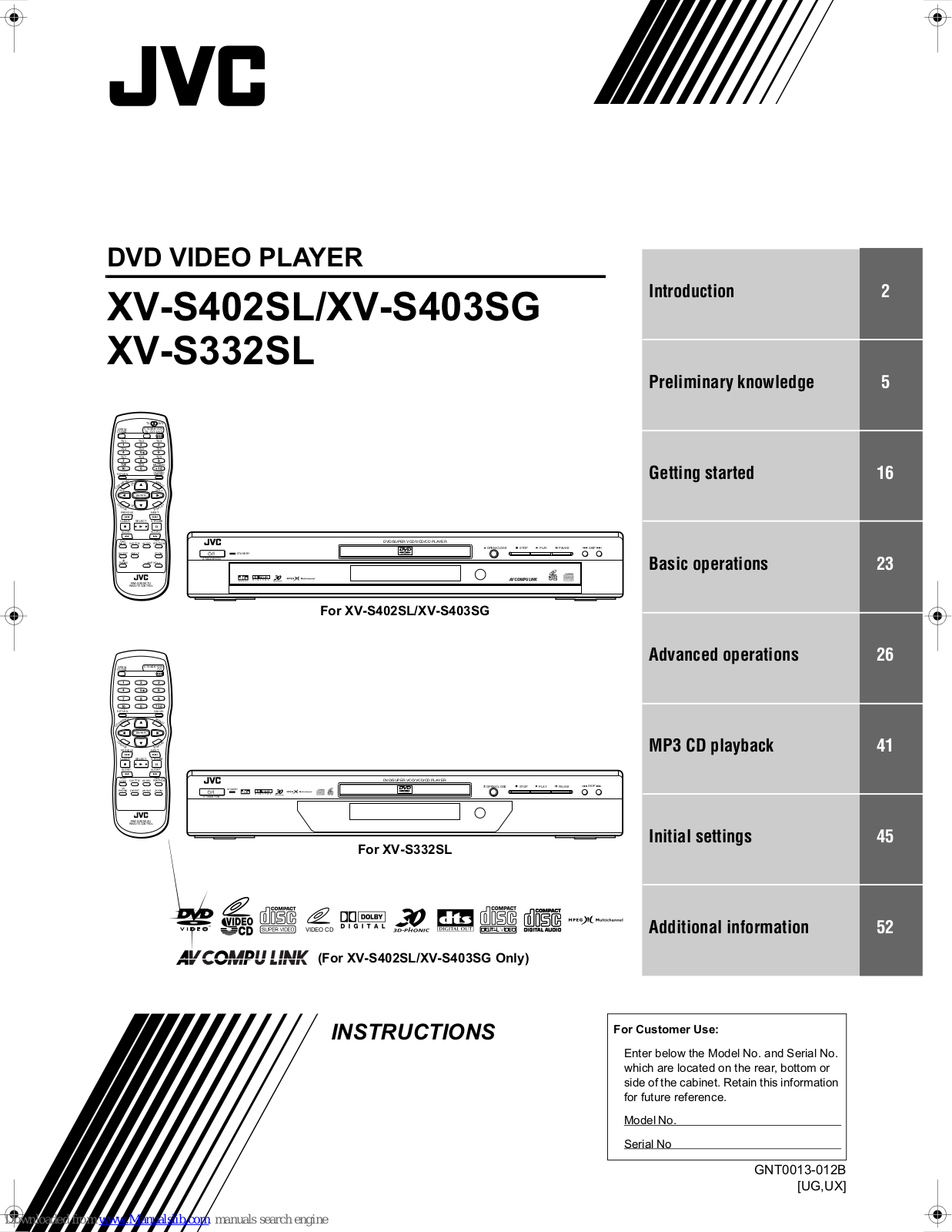 JVC XV-S402SL, XV-S332SLA, XV-S402SLA, XV-S402SLJ, GNT0013-014A Instructions Manual