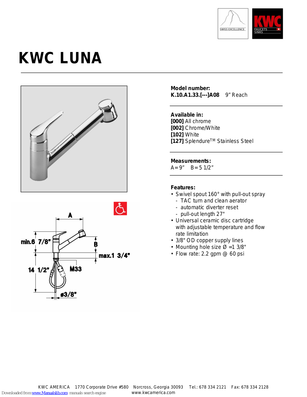 KWC LUNA K.10.A1.33., LUNA K.10.A1.33.000 A08, LUNA K.10.A1.33.002 A08, LUNA K.10.A1.33.102 A08, LUNA K.10.A1.33.127 A08 Specification Sheet