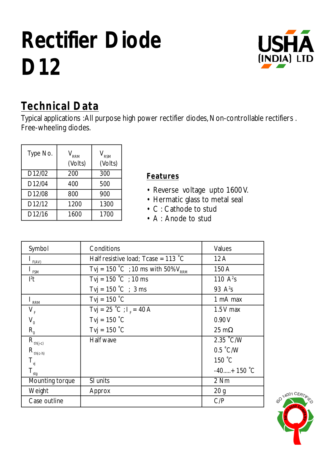 USHA D12-16, D12-12, D12-08, D12-04, D12-02 Datasheet