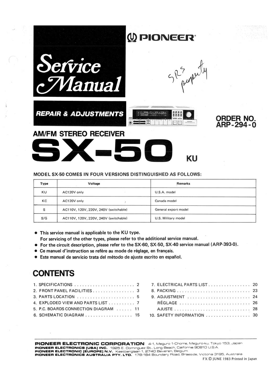 Pioneer SX-50 Service Manual