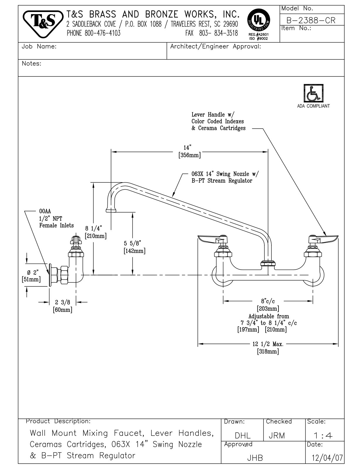 T & S Brass & Bronze Works B-2388-CR General Manual