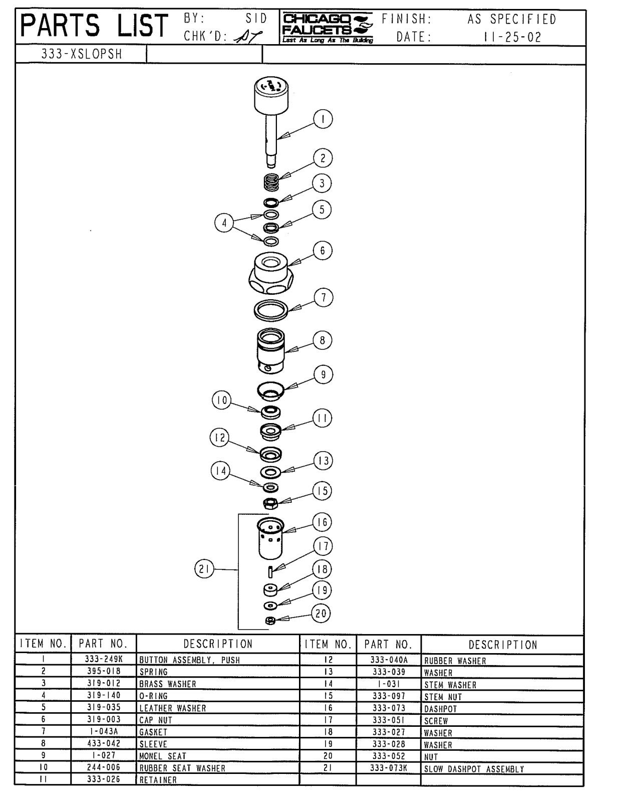 Chicago Faucet 333-XSLOPSHJKNF, 333-XSLOPSHJKABNF Parts List