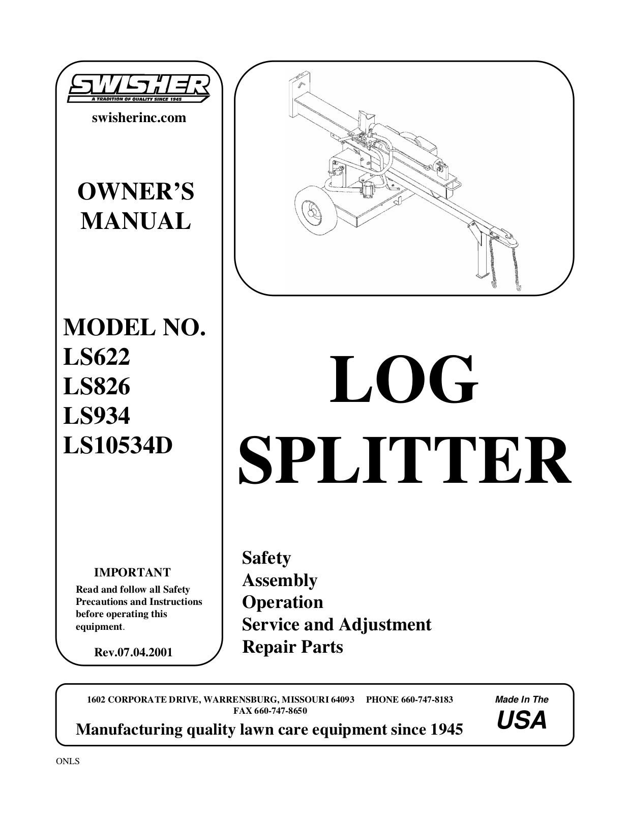 Swisher LS622, LS826, LS934, LS10534D Owners Manual