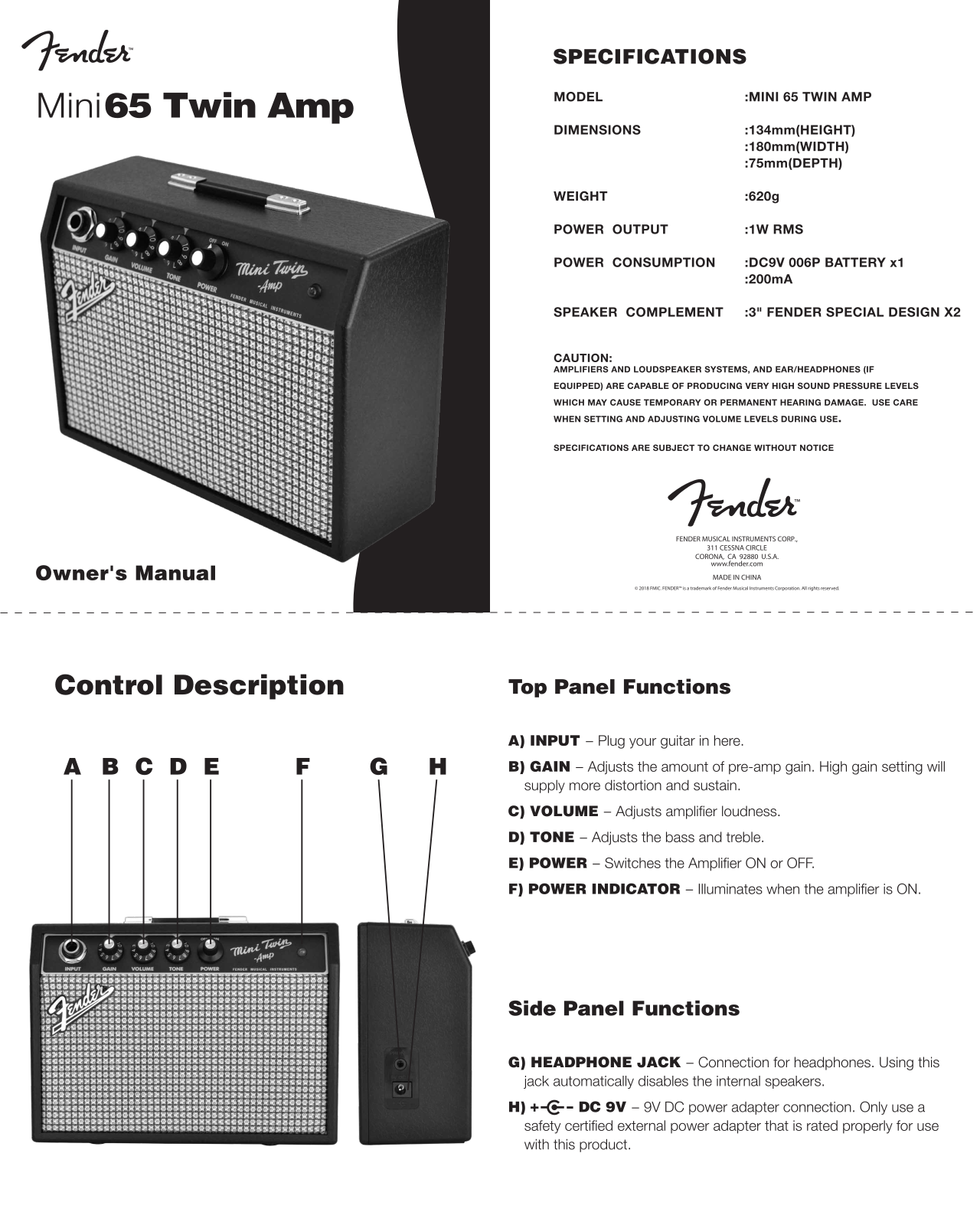 Fender MINI65 TWIN AMP Users Manual