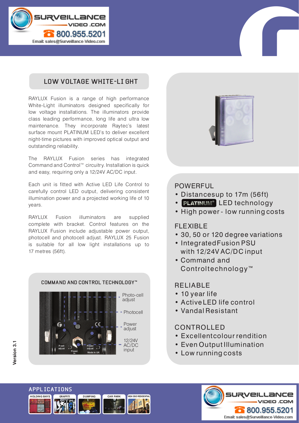 Raytec RL25-F-120, RL25-F-30, RL25-F-50, RL25-F-10 Specsheet