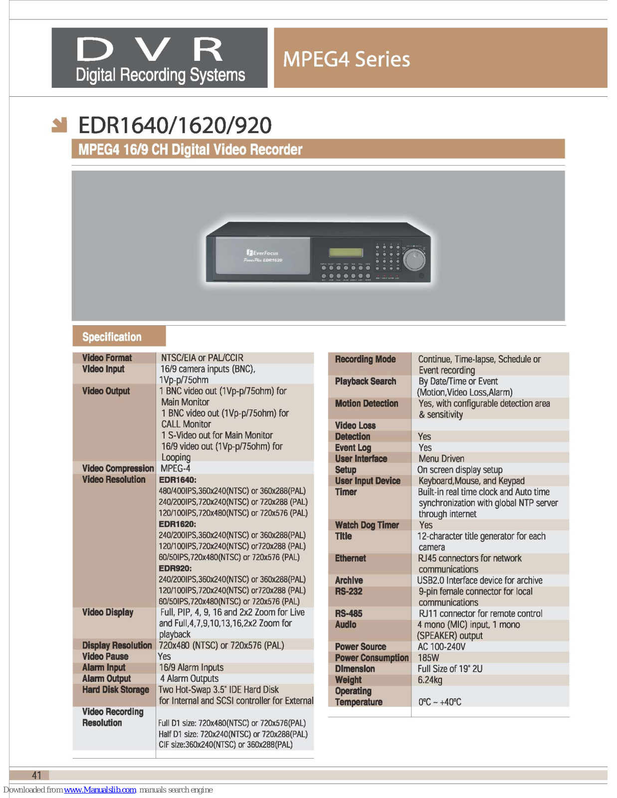 EverFocus EDR1620, EDR1640, EDR920, EDR1620/160, EDR1620/320 Specifications