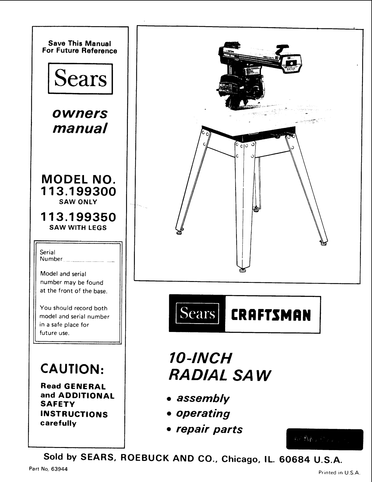 Craftsman 113199300, 113199350 Owner’s Manual