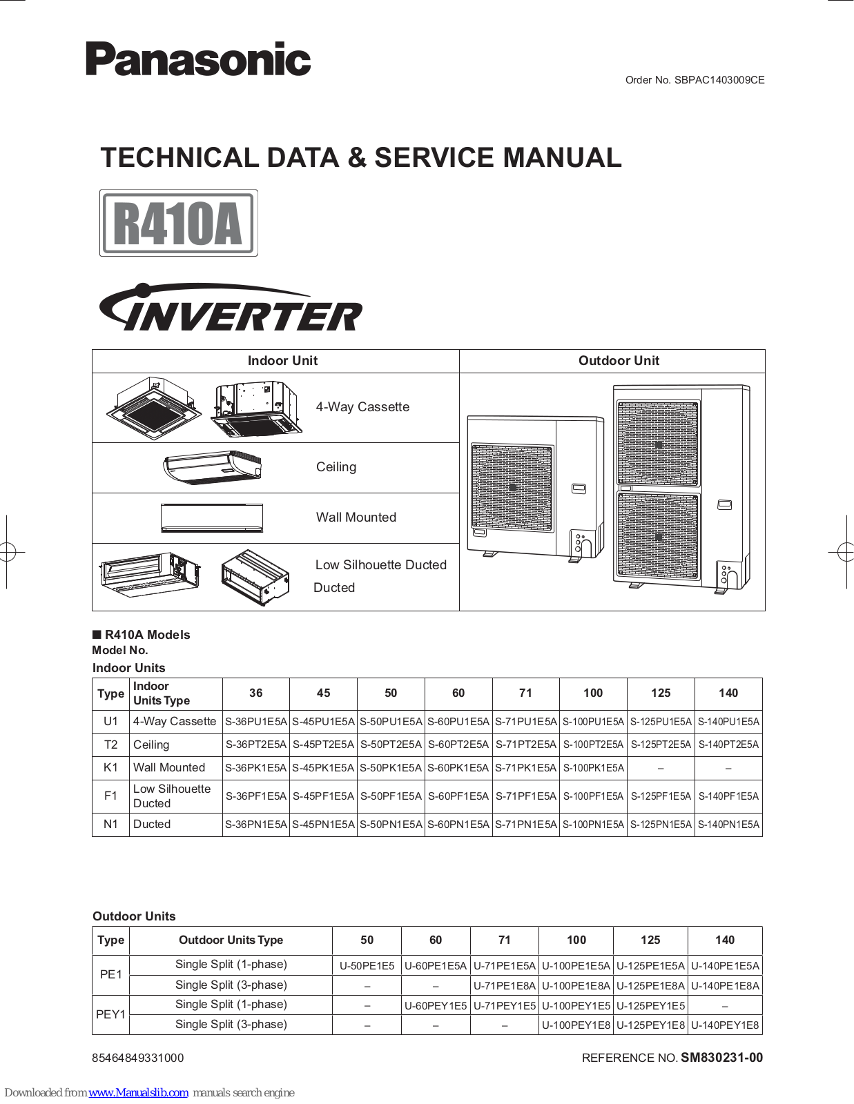 Panasonic U-50PE1E5, S-36PF1E5A, S-125PU1E5A, S-140PU1E5A, S-45PF1E5A Technical Data & Service Manual