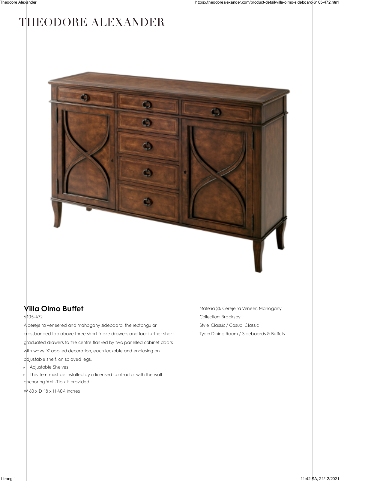 Theodore Alexander FPLJ2155 Specifications - ManualMachine.com