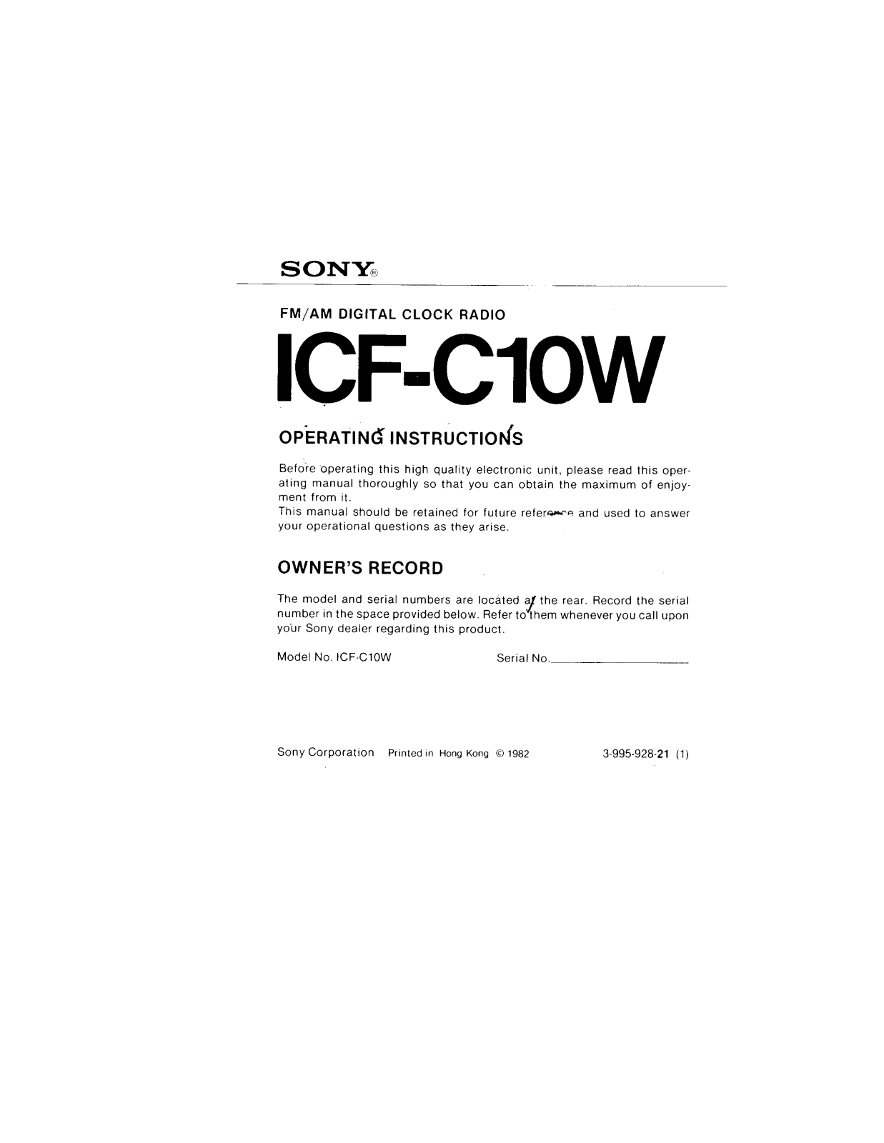 Sony ICF-C10W Operating Instructions