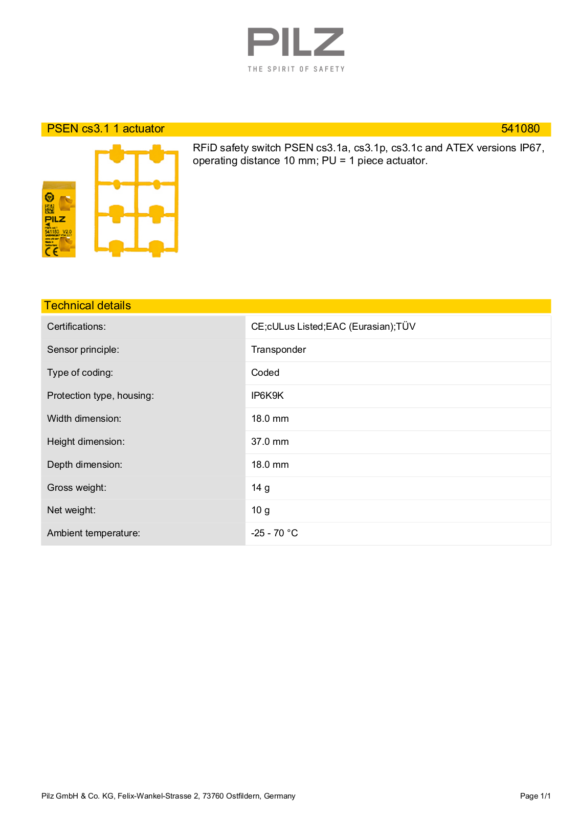 Pilz 541080 Data Sheet