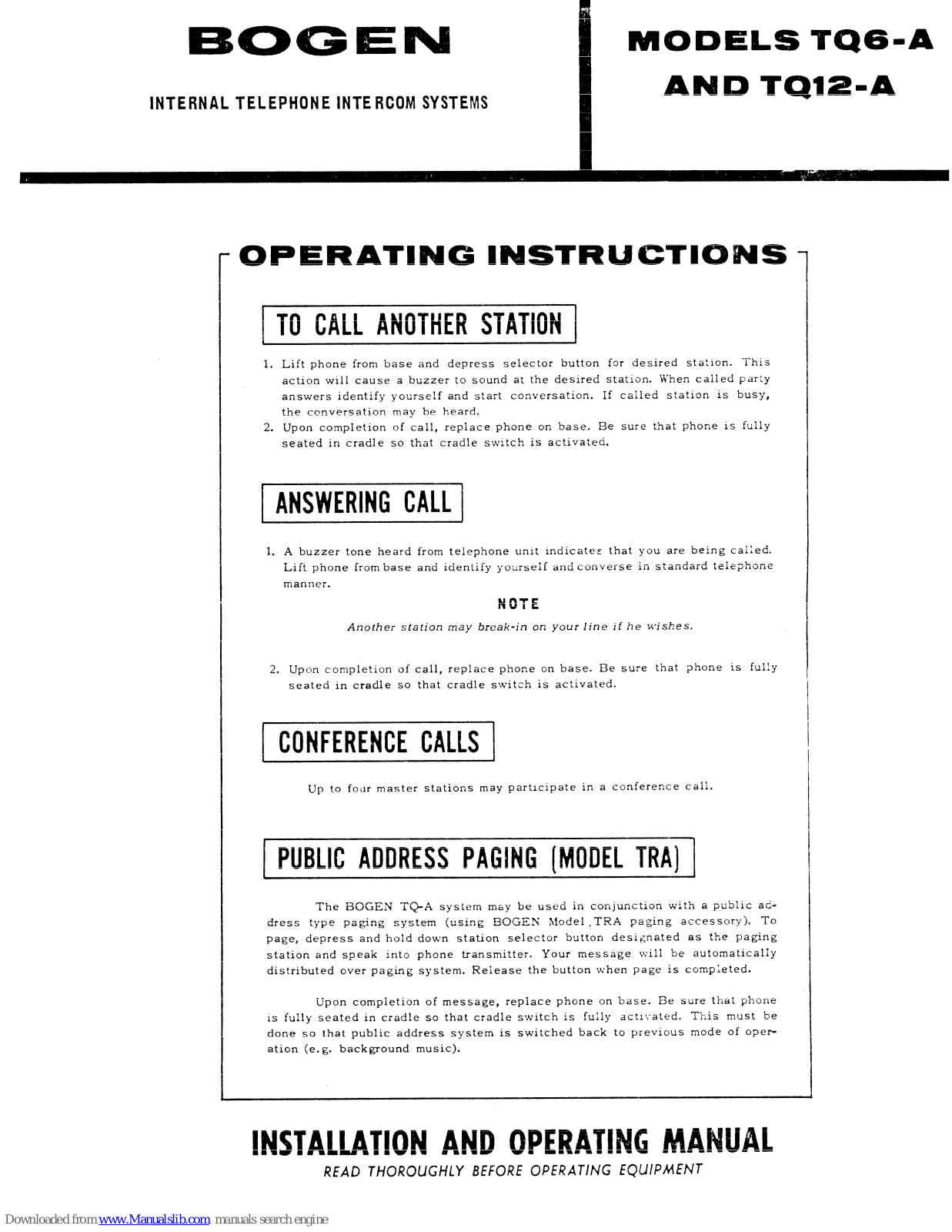 Bogen TQ6-A, TQ12-A Operating Instructions Manual