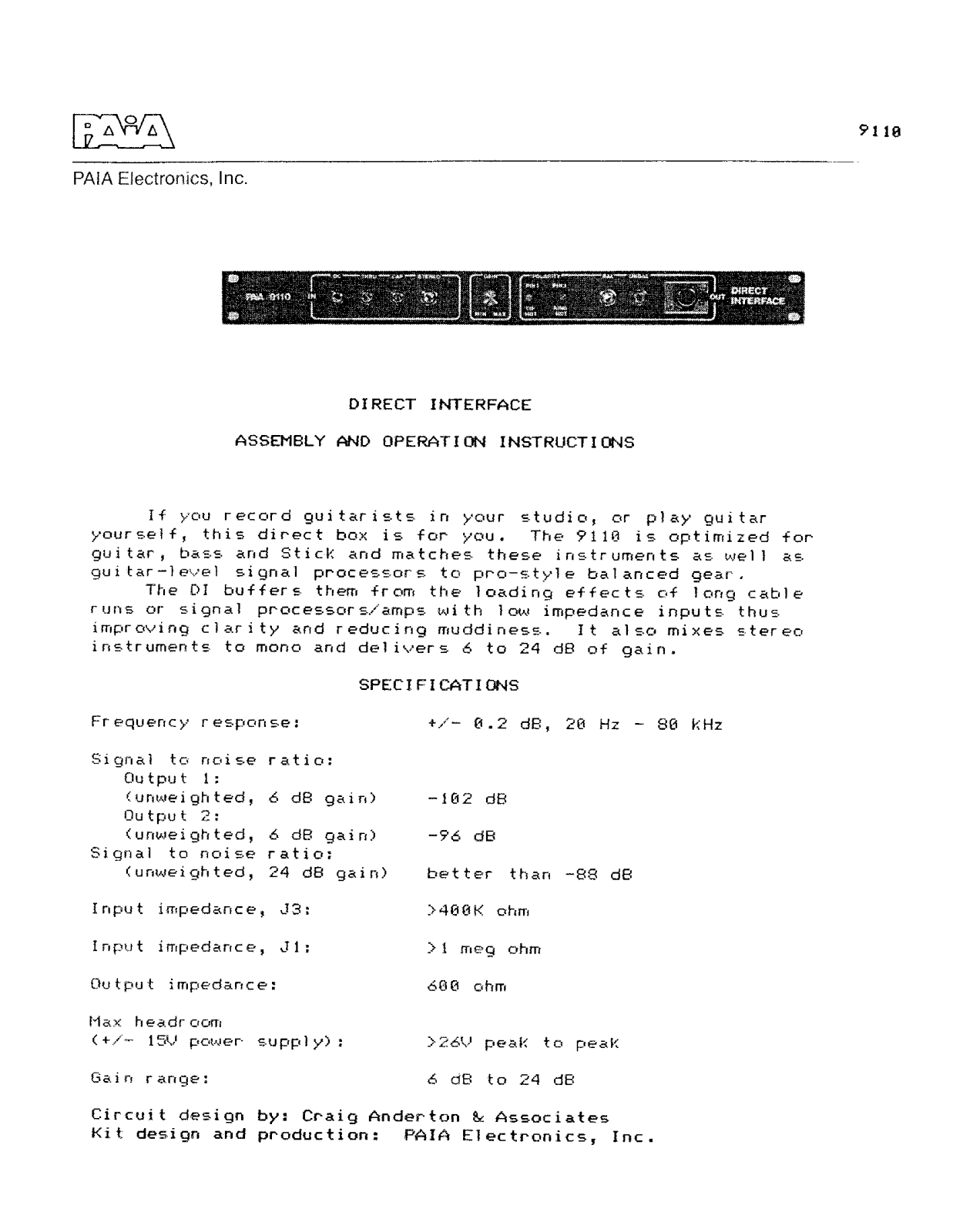 PAiA Electronics 9110 Instruction Manual