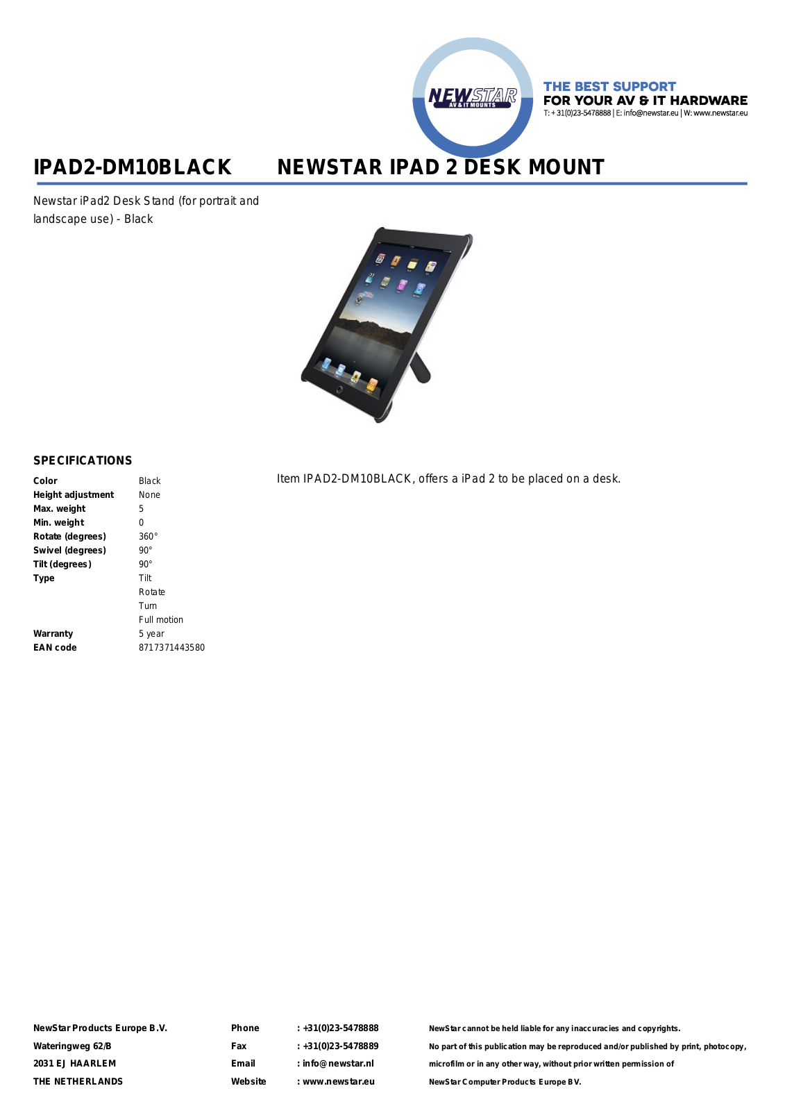 Newstar IPAD2-DM10BLACK Product Data Sheet - ManualMachine.com