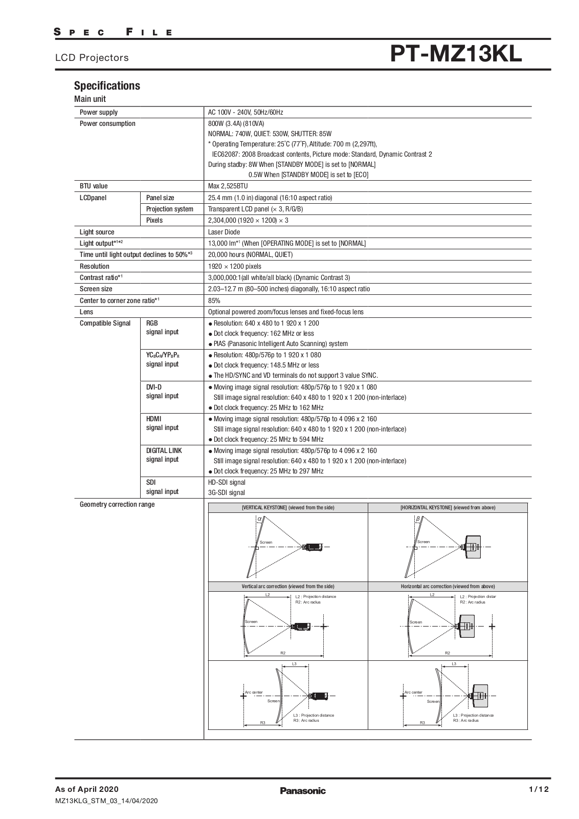 Panasonic PT-MZ13KL User manual