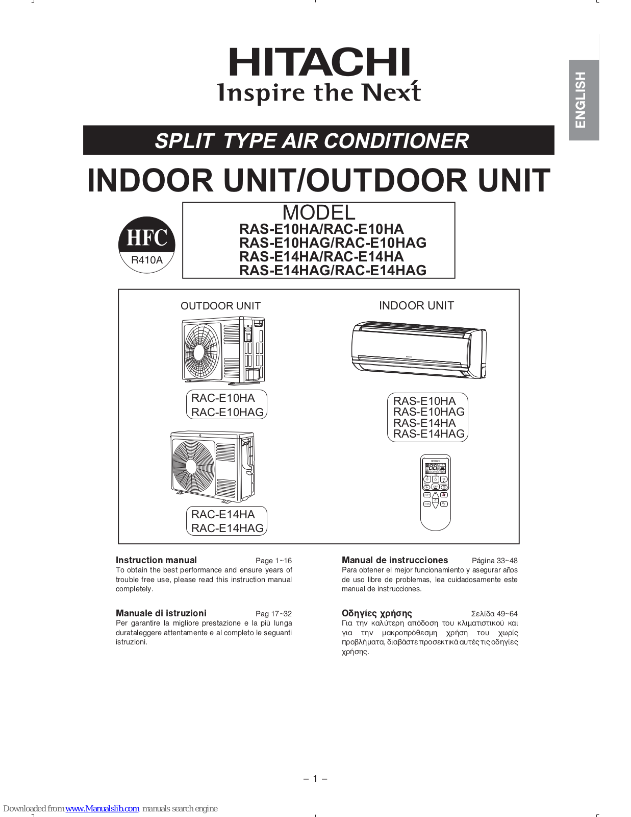 Hitachi RAS-E10HA, RAC-E10HA, RAS-E14HA, RAC-E14HA, RAS-E14HAG Instruction Manual