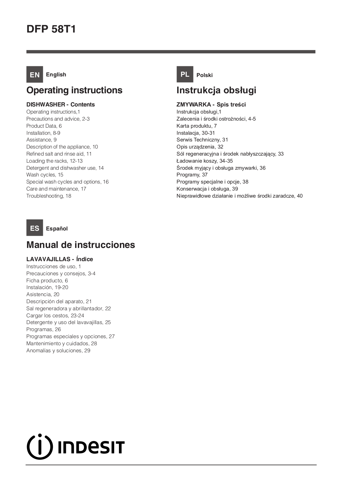 INDESIT DFP 58T1 C NX EU User Manual