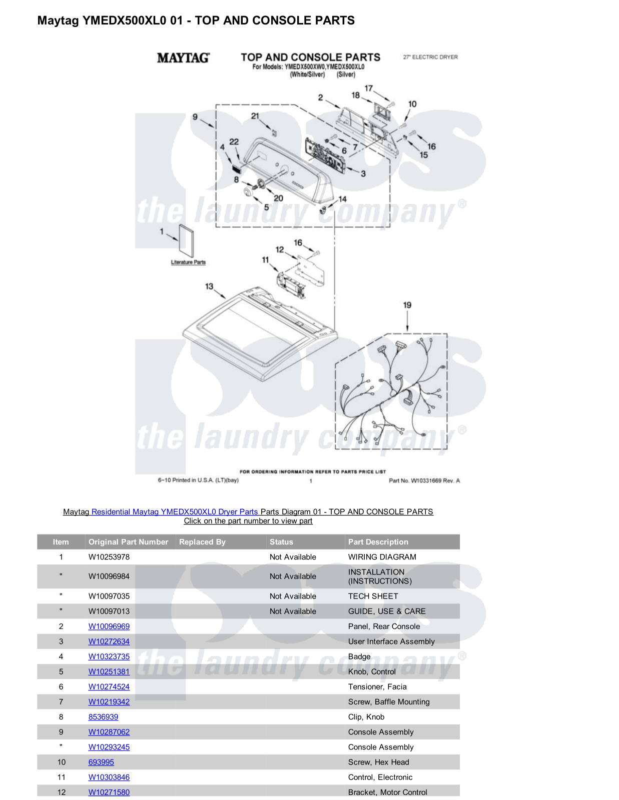 Maytag YMEDX500XL0 Parts Diagram