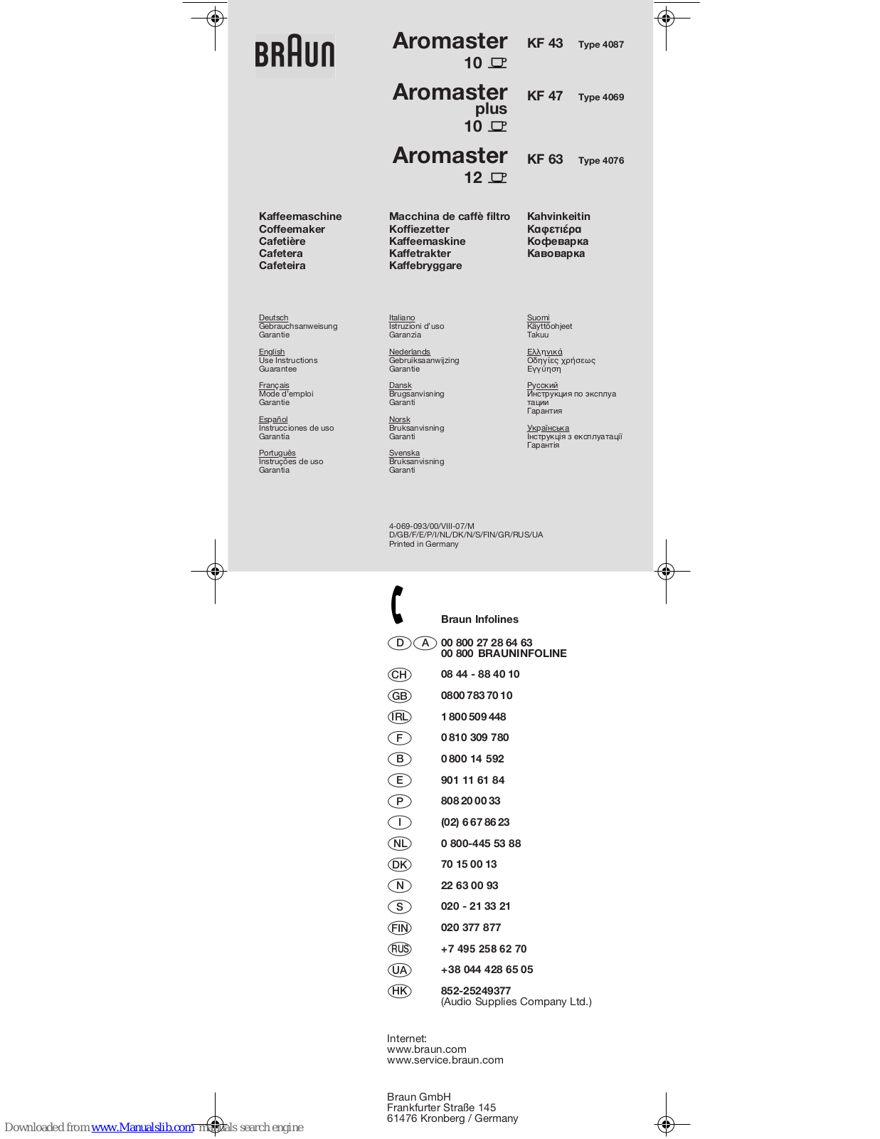 Braun Aromaster KF 43, Aromaster KF 47, Aromaster KF 63, 4087, 4069 Use Instructions