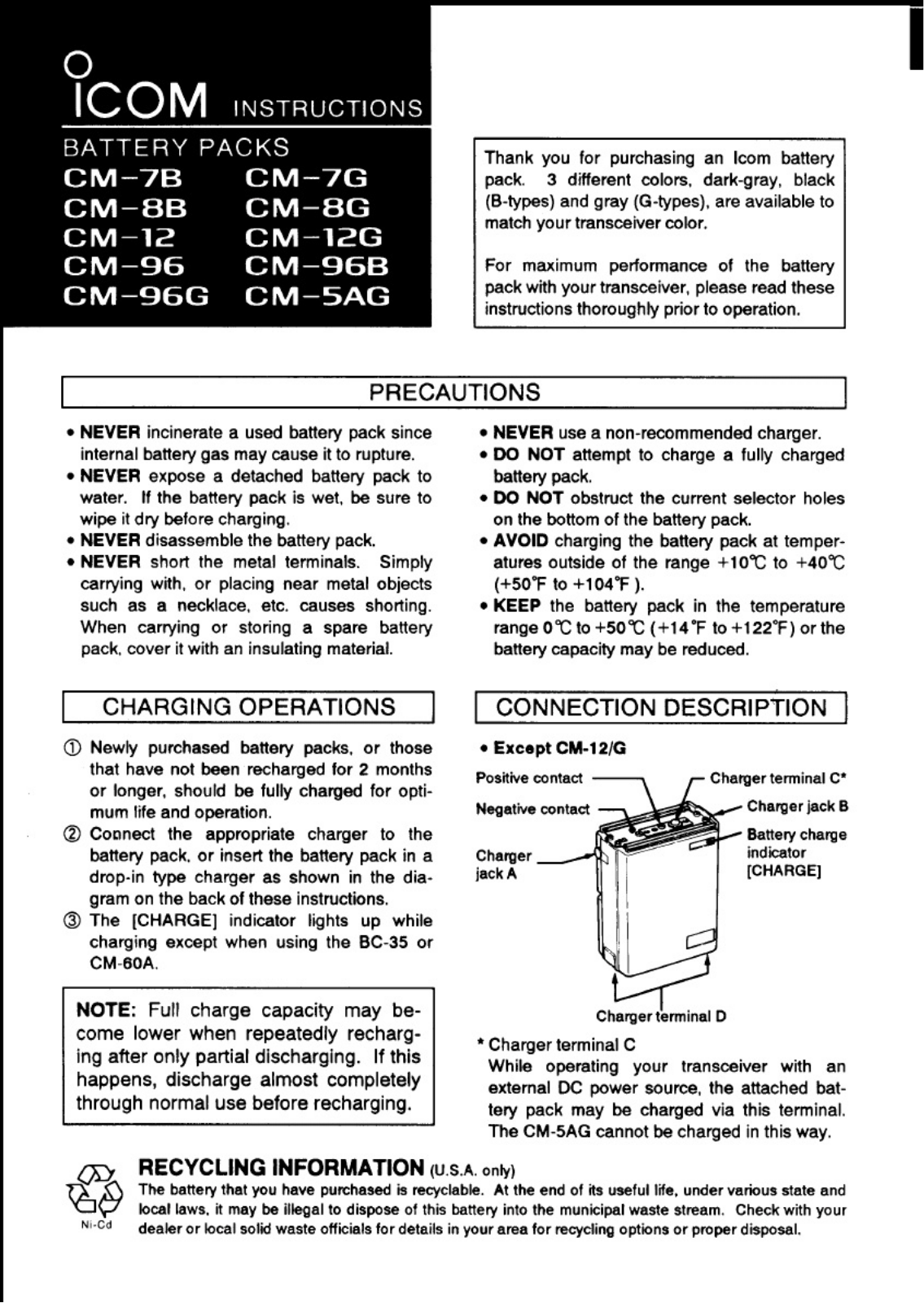 Icom BP-96G, BP-8G, BP-12G, BP-5AG, CM-7G User Manual