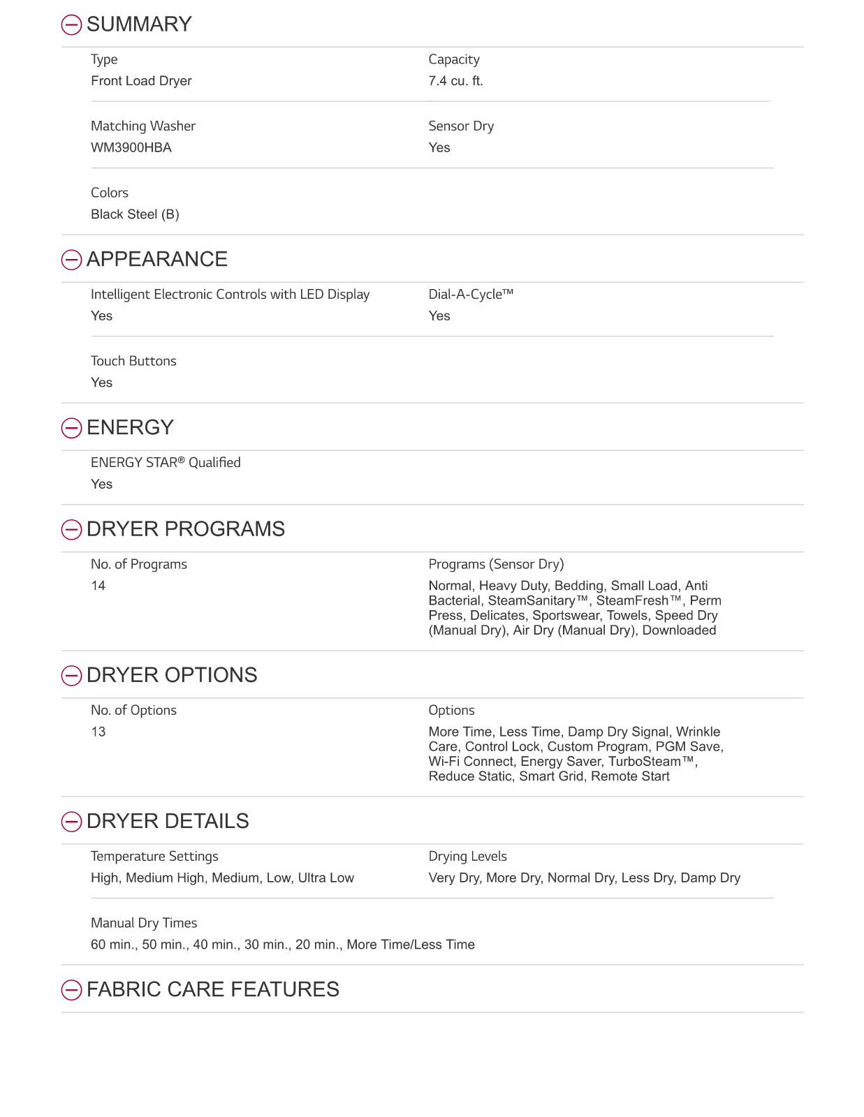 LG DLEX3900B PRODUCT SPECIFICATIONS