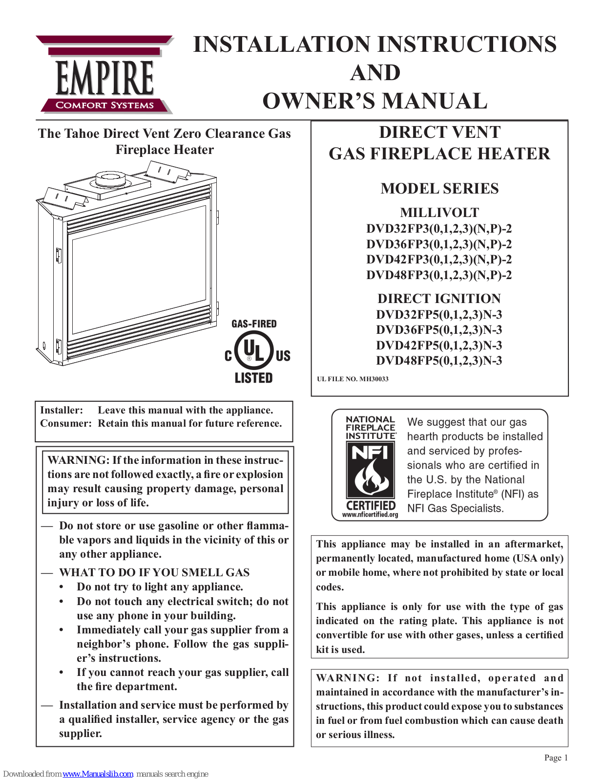 Empire Comfort Systems Dvd42fp30N-2, Dvd48fp30N-2, Dvd32fp50n-3, Dvd36fp50n-3, Dvd42fp50n-3 Installation Instructions And Owner's Manual