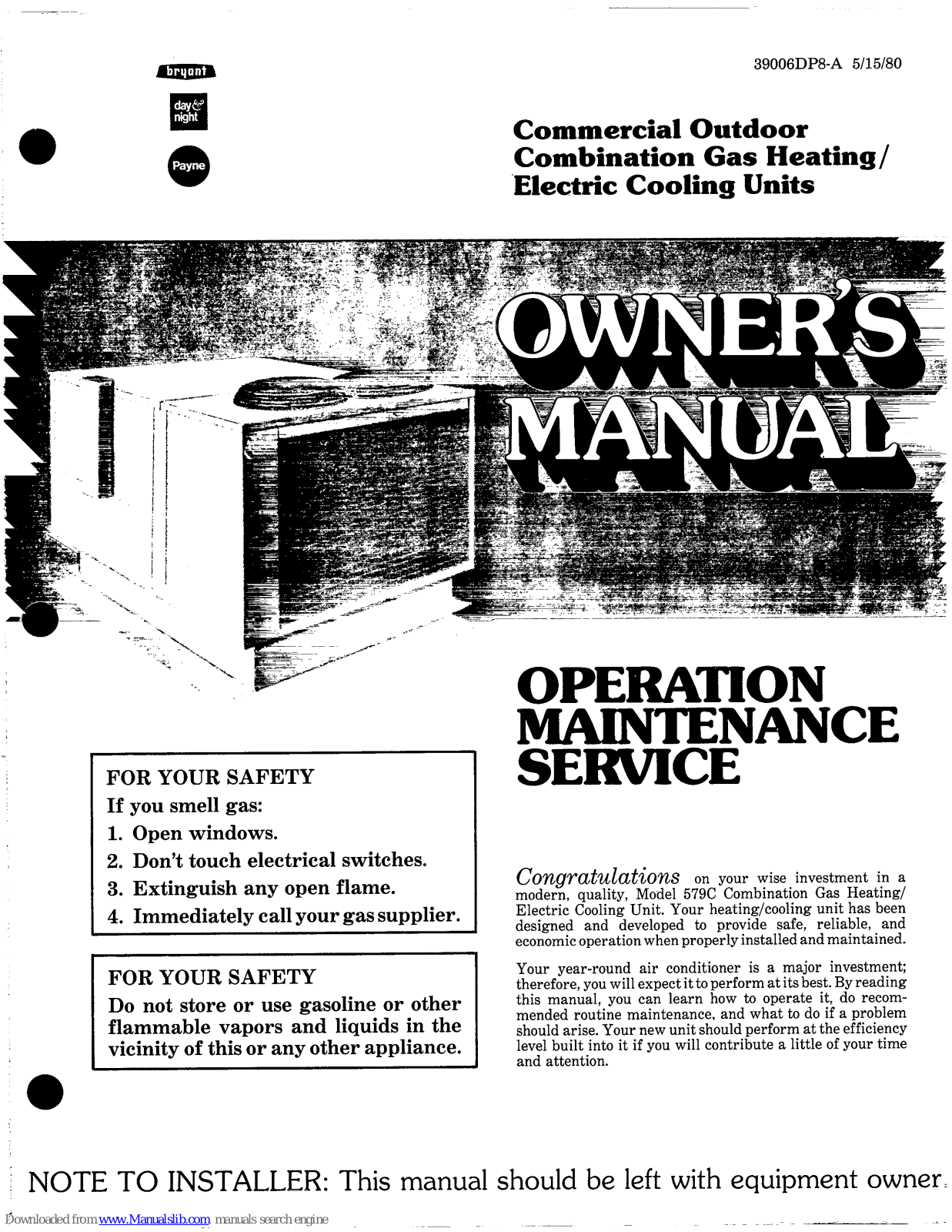 Bryant PAYNE 579C Owner's Manual