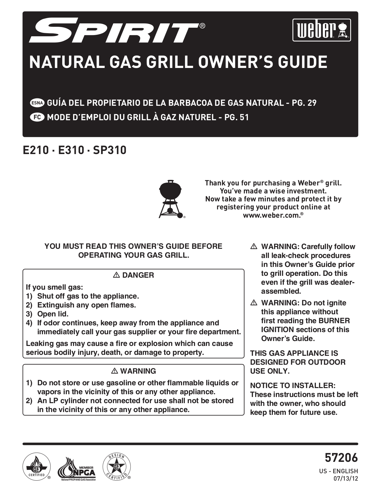 Weber E210 LP, E310 LP, SP310 LP Owner's Guide