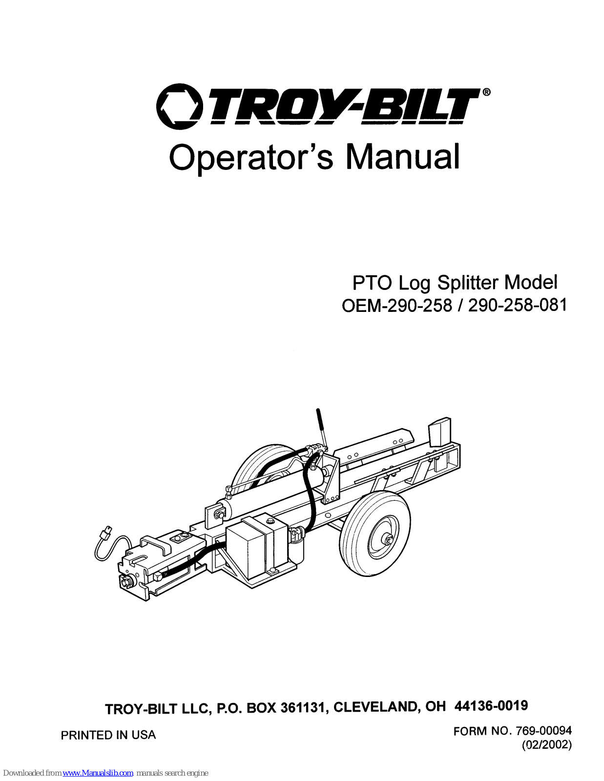 Troy-Bilt OEM-290-258, 290-258-081 Operator's Manual