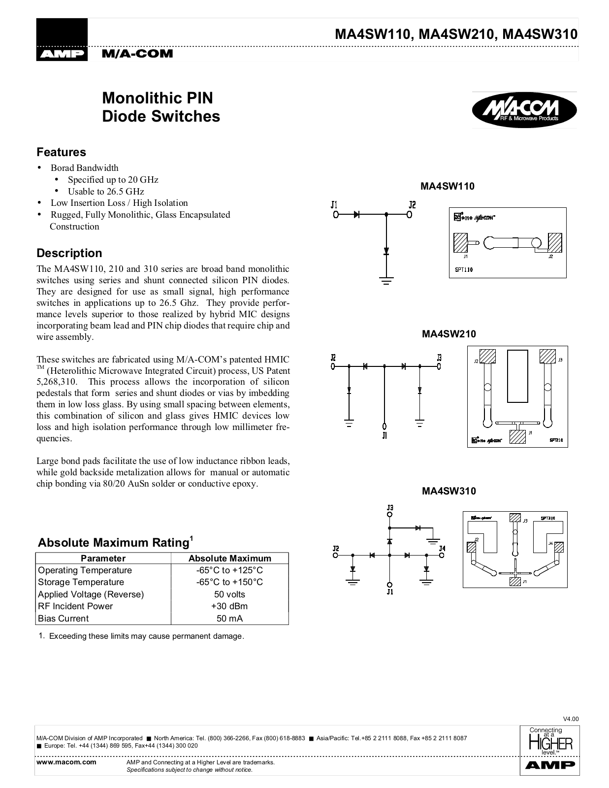 M A COM MA4SW310, MA4SW110 Datasheet