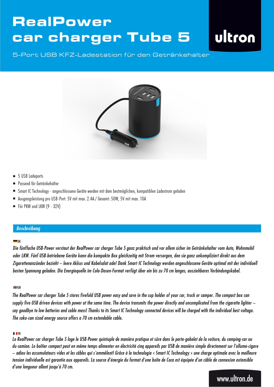 Ultron RealPower Car Charger Tube 5 User Manual