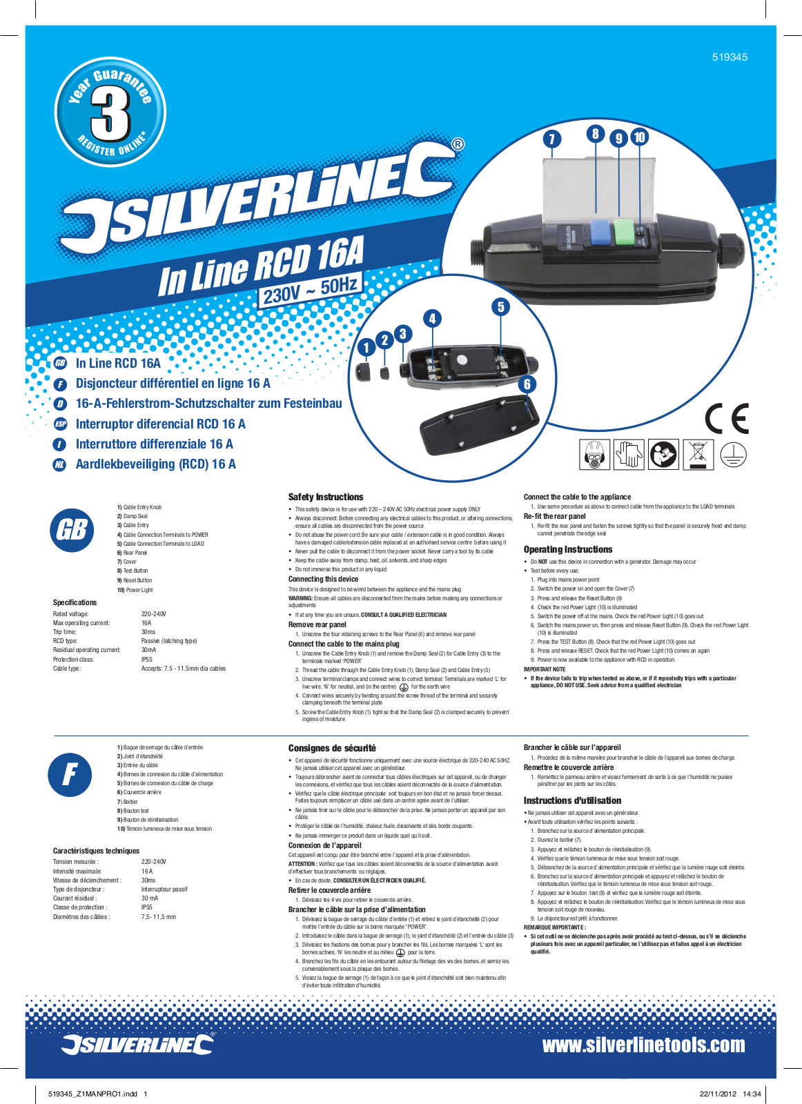 Silverline In Line RCD 16A User Manual