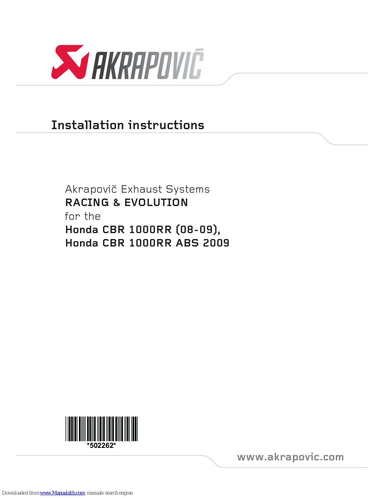 Akrapovic S-H10R6L-TT, S-H10R7-TT, S-H10R6L-TT/1, S-H10RFT6TL-TC/1, S-H10RFT6TL-TT/1 Installation Instructions Manual